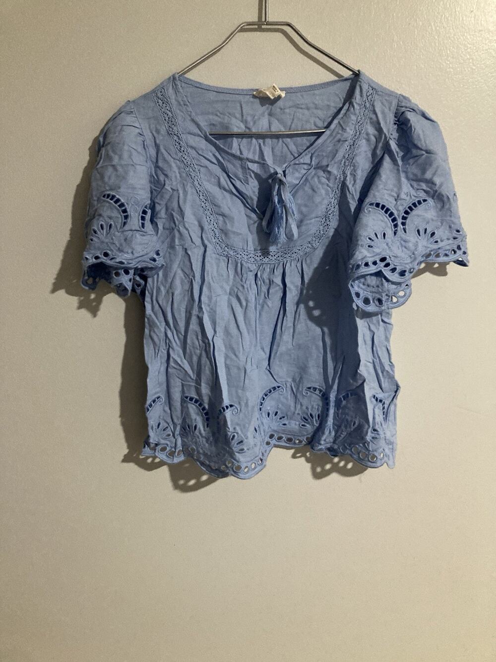 Artelier by Nicole Miller Blue Boho Eyelet Crochet Top Women’s Size Medium